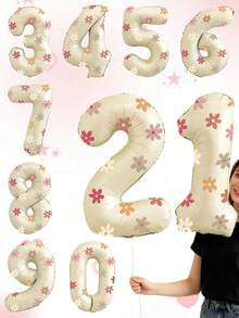 3个32英寸奶油色数字气球和雏菊贴纸，0-9生日数字气球套装，适合生日派对、周年纪念、节日派对、家庭聚会装饰 - 彩色 - 查看 4