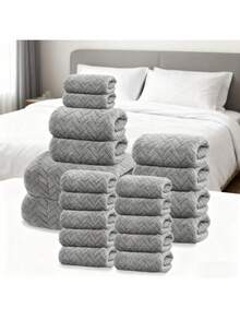 17-Piece Purple Pink/Bean Green/Dark Gray Cotton Towel Set (9 Washcloths + 6 Hand Towels + 2 Bath Towels) Bonus 2 Bath Sponges (Random Color)- Ultra Soft Absorbent, Quick Dry For Bathroom, Hotel & Home Essentials, - màu xanh lá - Xem 10