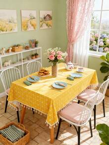 MineLain 1pc Bohemian Yellow Geometric Tablecloth, Rectangular Tablecloth With Beige Tassel Decor, Washable, Suitable For Coffee Table, Bedside Cabinet, Dining Table Decoration, Home Decor, Dining, Gathering, Party And Holiday Events, Daily Home Decor, Spring/Summer - Yellow - View 5