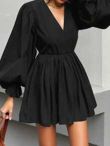 女士黑色复古法式优雅连衣裙，泡泡袖V领褶皱迷你裙，浪漫约会及派对装扮，完美的圣诞/新年正式晚礼服，秋冬派对礼服，新年女装 - 黑色 - 查看 6