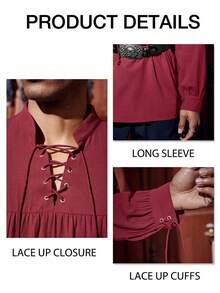 Men's Halloween Costume Blouse Long Sleeve Medieval Pirate Look Steampunk Viking & Renaissance Elements Lace Up Scottish Style - Đỏ - Xem 4