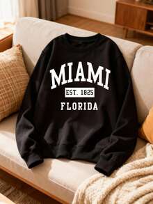 Hombre004 Parte superior de ropa para casa, cómoda y abrigada Sudadera de cuello redondo de moda,top deportivo y jersey informal con envío local desde México Sudadera con el nombre de Miami y el año de establecimiento, un accesorio cómodo y de estilo para los amantes de la ciudad de Florida - Negro - Ver 1