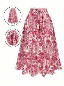 女士长款喇叭波西米亚风休闲半身裙，佩斯利印花宽松半身裙，腰部系带，乡村风沙滩装扮，适合节日度假 - 杏色 - 查看 3
