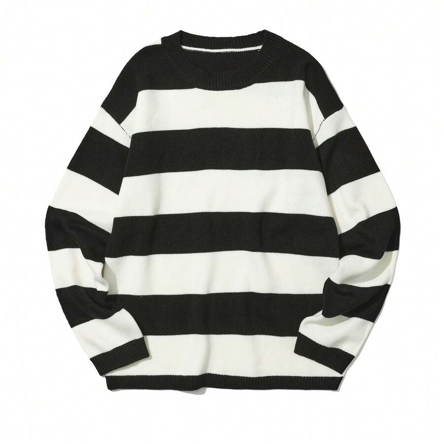 Autumn/Winter New American Dark Style BF Loose Fit High School Teenager Striped Sweater Couple Set - Black and White - View 1