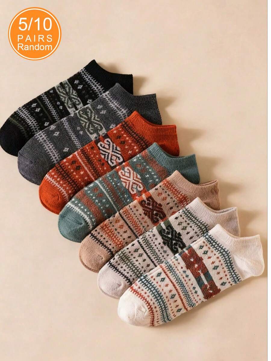 5/10 pares de calcetines de tobillo, calcetines de tripulación o calcetines invisibles a rayas vintage de colores aleatorios, adecuados para otoño/invierno - Multicolor - Ver 1