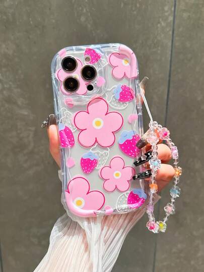 1 pieza Funda de teléfono con estampado de flores y fresas, con correa de muñeca con cuentas, a prueba de golpes y de aire, color rosa, compatible con iPhone 15/11/12/13/14/XR/XS/Pro/Max, unisex con cordón de moda, versión internacional, no la versión nacional de primavera