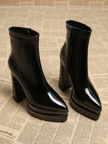 2026 Spring/Autumn New Elegant Black & Burgundy European Style Boots, Thick Heel Super High Heel Pointed Toe Women's Short Boots, Fashion - Black - View 3