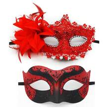 2pcs Lace Couple Masks, Masquerade Ball Masks, Bridal Costume Eye Masks, Venetian Party Masks, Suitable For Valentine's Day, Christmas, New Year Party, Costume Party (Includes Artificial Feathers) - Multicolor - View 1