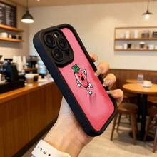 Cubierta de teléfono con borde negro y cuerpo rojo con estampado de fresa animada feliz para uso diario en cafeterías y salas de estar Aplicable a los teléfonos de la serie Apple y Galaxy - Blanco - Ver 6