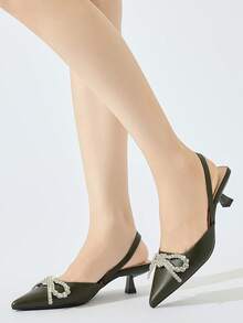 Giày cao gót hở mũi đính nơ đính đá cho nữ, kiểu dáng kitten heel thanh lịch và thoải mái, thích hợp cho các bữa tiệc trang trọng, đám cưới, dạ tiệc mùa thu/đông, màu xanh ô liu, trang phục dự tiệc - xanh quân đội - Xem 4