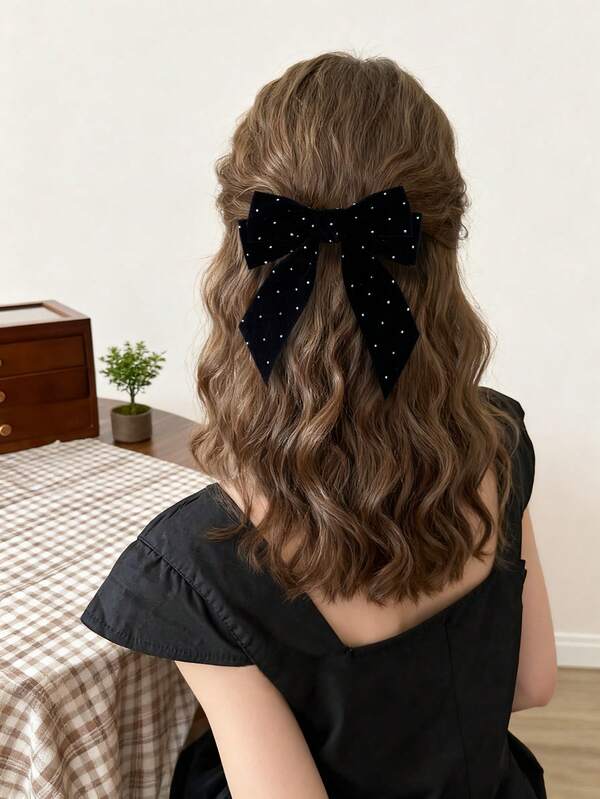 1pc Women's Velvet Rhinestone Double Layer Bow Hair Clip, Versatile For Any Occasion