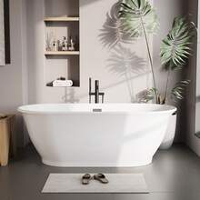 Studyset 59/67 Inch Acrylic Soaking Bathtub, Modern Square Design, Deep Ergonomic Tub With Matte Drain & Black Overflow, Double-Walled Insulation, Glossy White, CUPC Certified - White - View 9