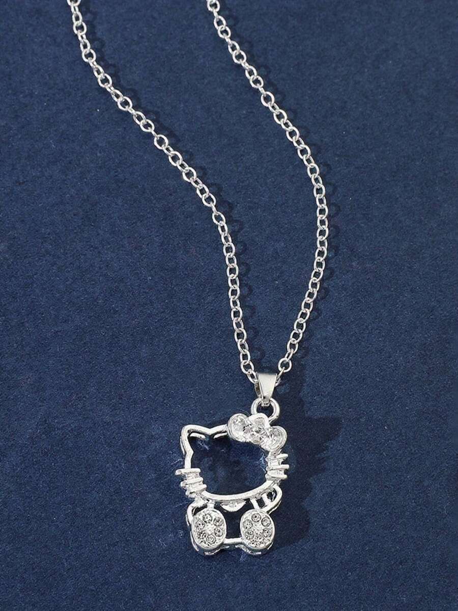 SANRIO Dây chuyền mặt dây Hello Kitty dễ thương bằng hợp kim, thích hợp đeo hàng ngày và là món quà tuyệt vời. - Bạc - Xem 1