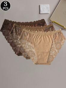 3pcs Scalloped Lace Trim Floral Lace Panties, Cotton Lace Blend - Multicolor - View 5