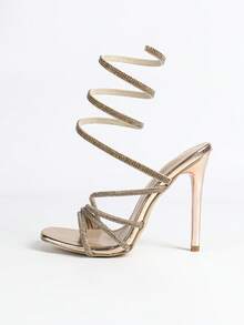 女士时尚性感香槟色亮片水钻装饰踝带超高跟凉鞋，魅力四射的夜店T台模特晚宴派对户外活动细高跟鞋，4.4英寸，春夏装扮 - 香檳色 - 查看 6