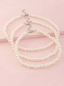 3pcs/Set Girls White Pearl Beaded Necklace Choker Jewelry Set, Suitable For Daily Decoration