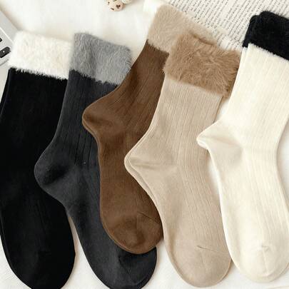 5 Pairs Women's Mink Cashmere Mid-Calf Socks, Suitable For Autumn/Winter, Contrast Color Cuff, Thick & Warm, Casual Retro Velvet Socks