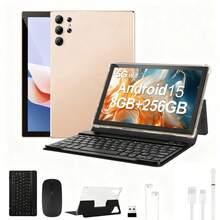W&O 10-Inch Android 15 Tablet, Quad-Core Processor, 8GB (3GB + 5GB Expansion) RAM + 256GB ROM, HD IPS Display, Dual Cameras,  8000mAh Battery, Bluetooth, WiFi Tableta,Birthday/Christmas/New Year/Best Gift For Relatives And Friends - 金色 - 查看 10