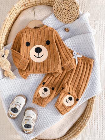 2pcs Newborn Baby Boy Cute Bear Top And Casual Pants Set