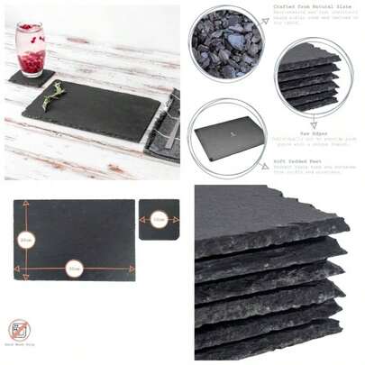 12 Piece Rectangular Slate Placemats Coasters Set - Black Natural Stone Dinnerware Plate Placemats Drink Mats Kitchen, Home, Bar, Restaurant, Weddings, Events