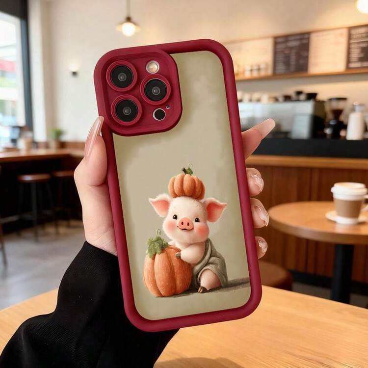 Beige Pig With Pumpkin Design Phone Case For Daily Use In Cafes And Home Suitable For Apple Series Phones - Burgundy - View 2