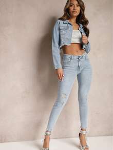 Vaqueros pitillo de mujer, de lavado claro y con estilo, con bolsillos funcionales y detalles rasgados. Tejido vaquero elástico de alta calidad para mayor comodidad. - Azul - Ver 2