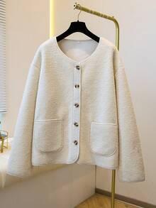 Exclusive For Fashionable Women In Autumn And Winter! Soft Beige Fleece Round - Neck Cardigan. Pocket And Button Details, A Warm Item Suitable For Daily And Party Occasions - Apricot - View 13