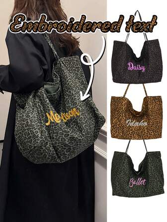 1pc Personalized Women's Shoulder Bag, Custom Name Embroidered Crossbody Bag, Large Capacity Leopard Print Casual Canvas Tote, Suitable For Daily Use And Can Be Given As A Gift For Family, Friends, Christmas, Easter, Spring Festival, Mother's Day, Women's Day, Valentine's Day, Teacher's Day, Nurse's Day, Birthday, Fall Winter Fashionable Cheetah Print Purse For Women,Bags & Luggage,2025 Halloween Accessories,Essential For Daily Travel