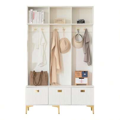 Wardrobe Set With Bench, Multifunctional Storage Bench, Open Storage, 6 Gold Hooks And Feet, Suitable For Hallway, Living Room, White, W120/D40/H191.5CM