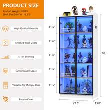 Display Cabinet With Adjustable Shelves, 65" Tall Bookcase With LED Lights/Human Sensor, 5 Tier Display Case For Collectibles Bedroom Living Room Office, Black - Transparent Acrylic Doors - Xem 2