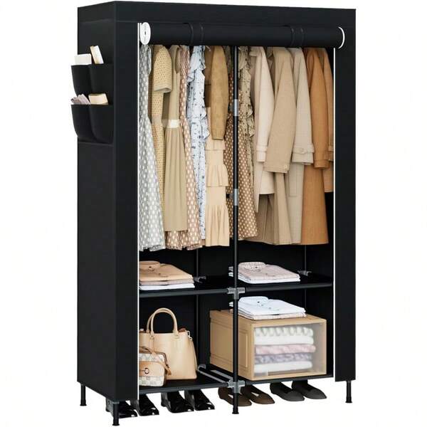 Portable Closet, 34 Inch Large Capacity Wardrobe Closet With Cover, Clothes Storage Organizer With Shelves And 2 Hanging Rods, Easy To Assembly, Black PCT202B01