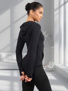 Women's Hooded Long Sleeve Sports Jacket With Thumbholes With Pockets, Breathable Athletic Casual Pullover, Sportswear, Fitness Clothing, Yoga Jacket, Fitness Clothing, Long Sleeve Cycling Sweatshirt, Women's Outdoor Sports Running Tops, Women's Yoga Hoodie Suitable For Running, Fitness, Yoga, Everyday Leisure - 黑色 - 查看 6