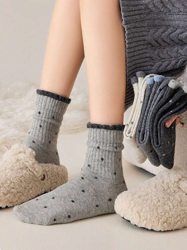 1双/2双/3双/5双装 女士加厚保暖蕾丝波点船袜，秋冬季舒适袜 - 彩色 - 查看 4