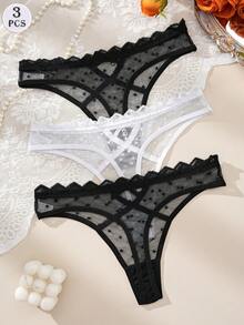 3件套性感蕾丝女士丁字裤，浪漫蕾丝波点内裤，性感交叉绑带舒适内衣 - 彩色 - 查看 2
