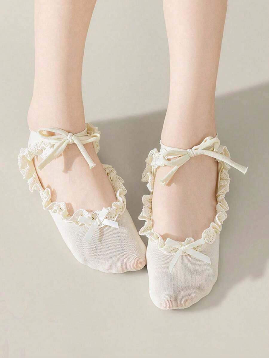 1pair White Ballet Shoes Socks For Women With Lace Tie Short Socks,Japanese Style, Fall - White - View 1