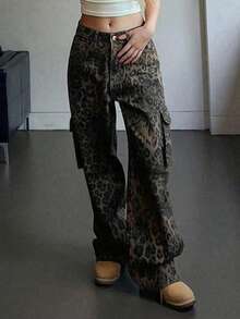 Women's Leopard Print Cargo Pants, Loose Retro Wide Leg Casual Trousers, Autumn - Black - View 6