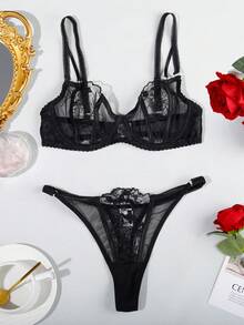 2 piezas Conjunto de lencería sexy para mujer, sujetador con aros y push-up con bordado floral - Negro - Ver 1