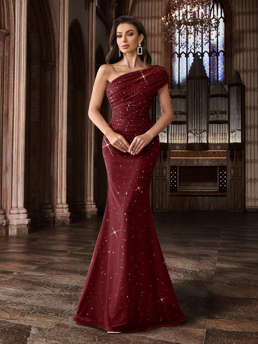 Elegant Women's Ombre Asymmetric Neckline Rhinestone Embellished Formal Dress - Burgundy - View 1