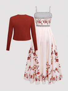 女士优雅印花收腰喇叭连衣裙搭配针织开衫套装，情人节穿搭，约会之夜两件套，春季款 - 亮橙色 - 查看 2