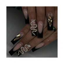 Black Long Coffin Press On Nails For Women, Black French Tip Fake Nails With Bling Snake Rhinestone Design, Manicure 24 Pcs (12 Sizes){Inchcolorinch:InchBlack Snakeinch} - Rắn đen - Xem 1