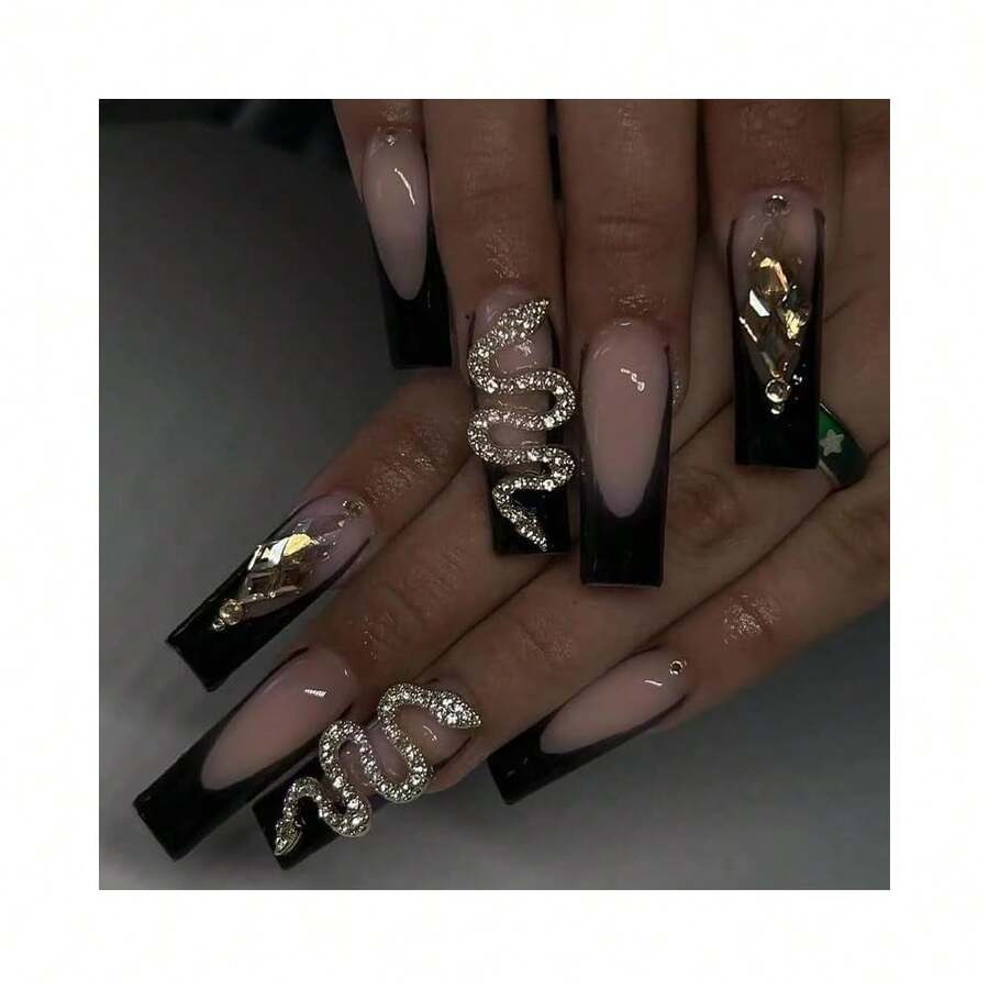 Black Long Coffin Press On Nails For Women, Black French Tip Fake Nails With Bling Snake Rhinestone Design, Manicure 24 Pcs (12 Sizes){Inchcolorinch:InchBlack Snakeinch} - Rắn đen - Xem 1