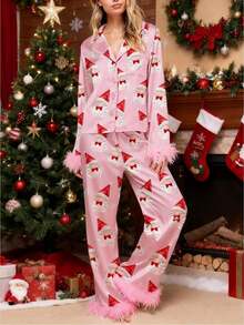 Women Y2k Silk Satin Christmas Pajamas Sets Xmas Tree/Santa Claus Print Plush Trim Long Sleeve Sleepwear Holiday Print Two Piece Pjs Pants PJs Set Loungewear - Đỏ và trắng - Xem 1