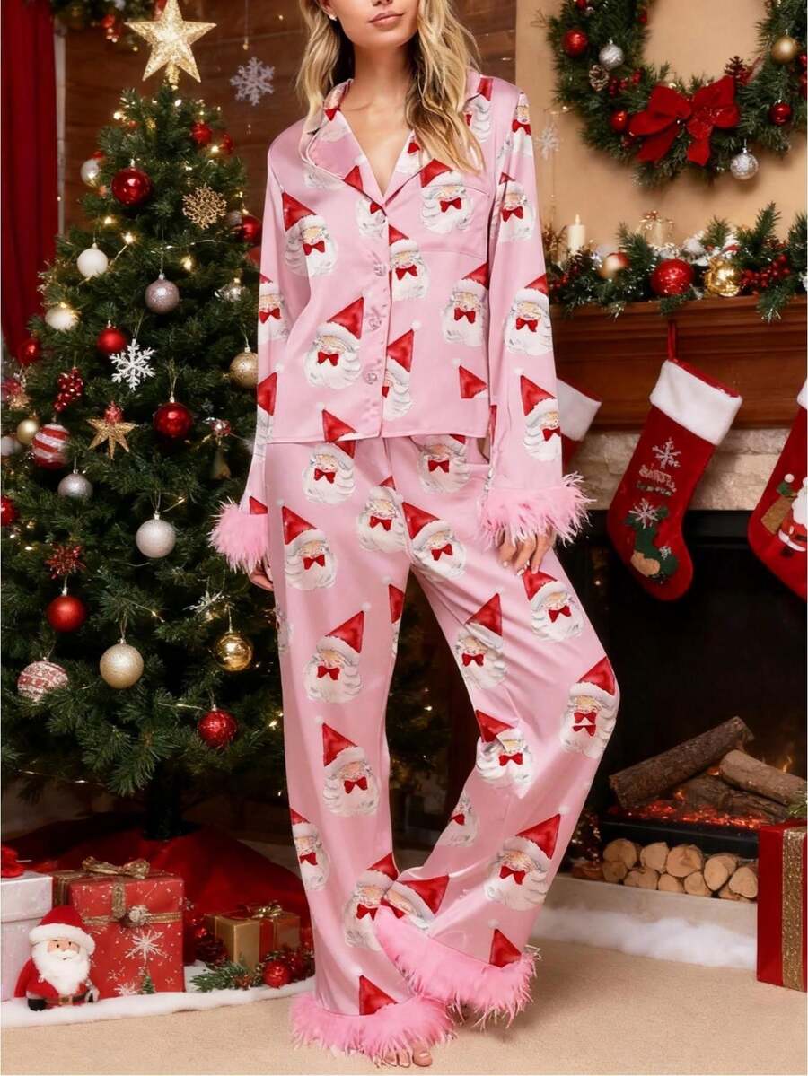 Women Y2k Silk Satin Christmas Pajamas Sets Xmas Tree/Santa Claus Print Plush Trim Long Sleeve Sleepwear Holiday Print Two Piece Pjs Pants PJs Set Loungewear - Đỏ và trắng - Xem 1