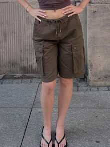 Baggy Cargo Pants For Women High Waist Wide Leg Baggy Shorts Y2K Casual Athletic Lightweight Hiking Capri Shorts With Pockets - màu nâu - Xem 5