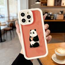 Cubierta de telefono con borde negro y parte trasera roja con estampado de oso panda sosteniendo taza de cafe para uso diario en cafeterias Aplicable a los teléfonos de la serie Apple y Galaxy - Burdeos - Ver 4