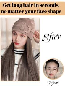 女士假发和帽子一体式设计，16英寸长直发合成假发，保暖柔软，适合秋冬季节佩戴。