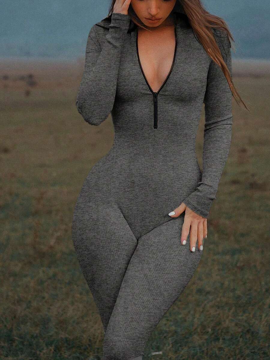 Mystra 女士休闲撞色罗纹拉链连体裤 - 深花灰 - 查看 1