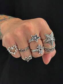 9pcs Fashionable Punk Style Crystal Star Rings Set, Adjustable For Men Casual Daily Wear - 9pcs - View 2