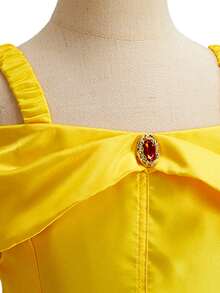 Set de 5 piezas que incluye vestido sin mangas con volantes amarillo, guantes, corona, varita mágica - Disfraz de princesa para niñas, para fiestas, Halloween, juego de roles