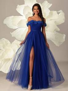 VIPGIRL Vestido de noche elegante de gasa azul real con hombros descubiertos, decorado con volantes florales y abertura alta - Vestido de gala formal para ocasiones especiales - azul real - Ver 3